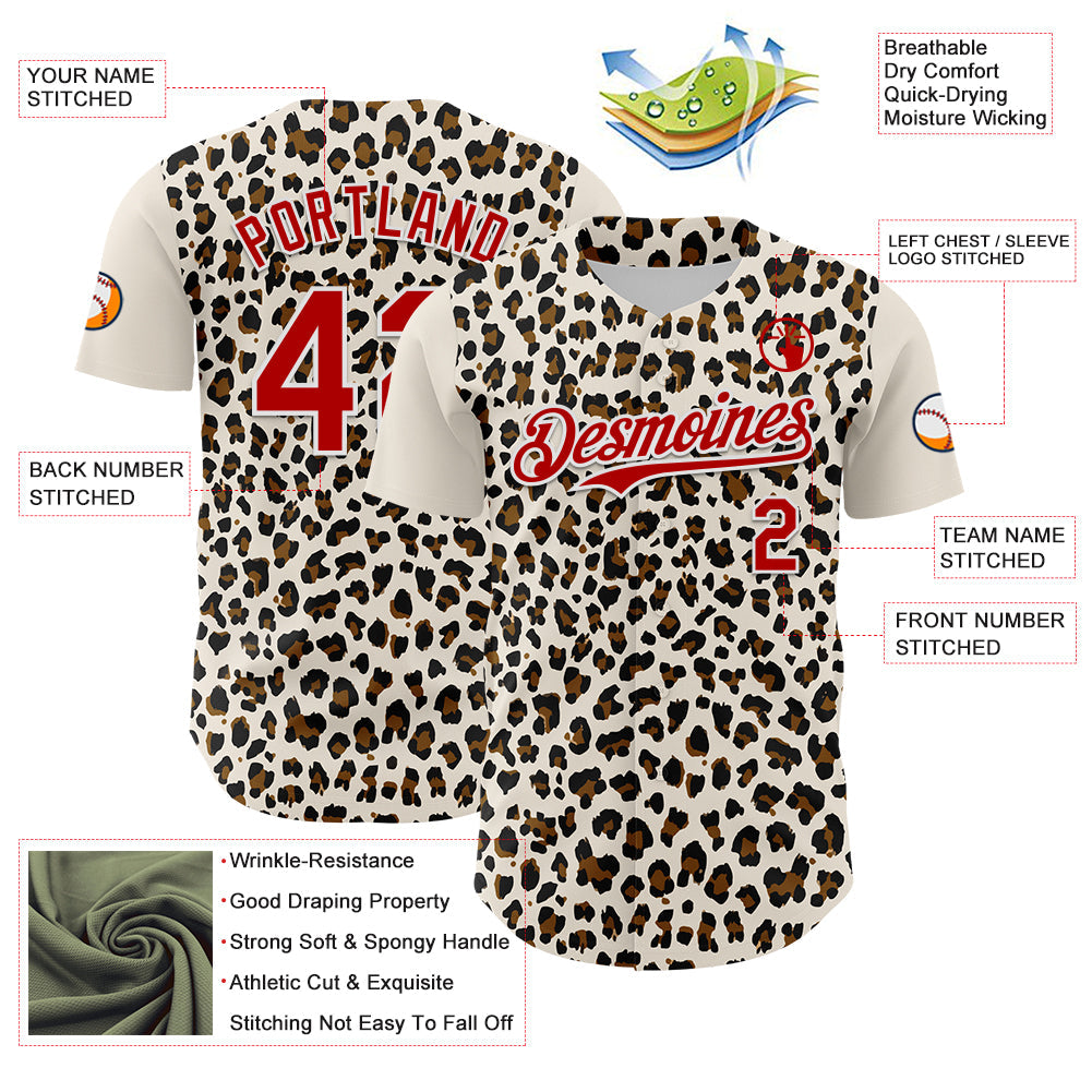 Custom Cream Red-White 3D Pattern Design Rave Party Animal Leopard Print Authentic Baseball Jersey - Sky-Custom