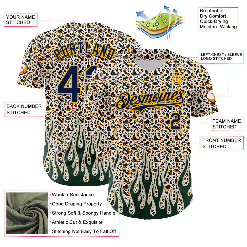 Custom Cream Navy-Gold 3D Pattern Design Rave Party Animal Leopard Print Authentic Baseball Jersey - Sky-Custom