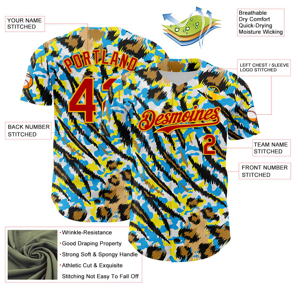 Custom White Red-Gold 3D Pattern Design Rave Party Animal Tiger And Leopard Print Authentic Baseball Jersey - Sky-Custom