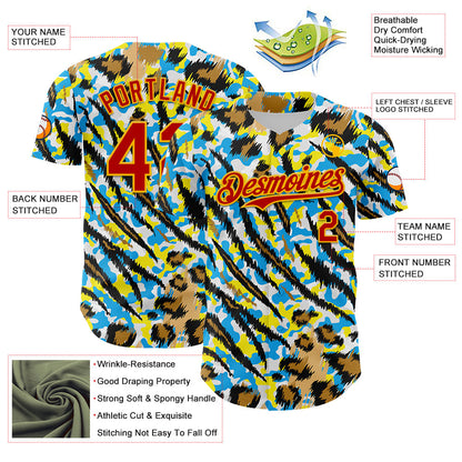 Custom White Red-Gold 3D Pattern Design Rave Party Animal Tiger And Leopard Print Authentic Baseball Jersey - Sky-Custom