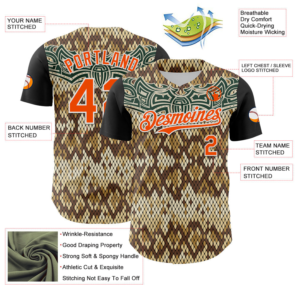 Custom Black Orange-White 3D Pattern Design Rave Party Animal Snake Python Print Authentic Baseball Jersey - Sky-Custom