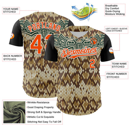 Custom Black Orange-White 3D Pattern Design Rave Party Animal Snake Python Print Authentic Baseball Jersey - Sky-Custom