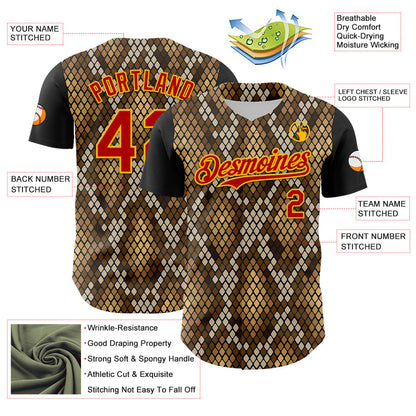Custom Black Red-Gold 3D Pattern Design Rave Party Animal Snake Python Print Authentic Baseball Jersey - Sky-Custom