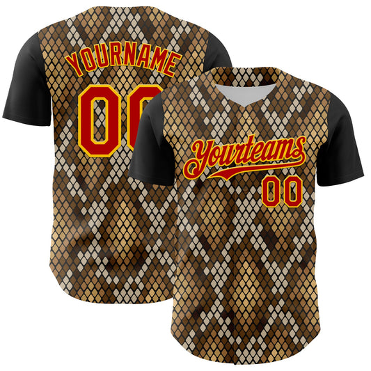 Custom Black Red-Gold 3D Pattern Design Rave Party Animal Snake Python Print Authentic Baseball Jersey - Sky-Custom
