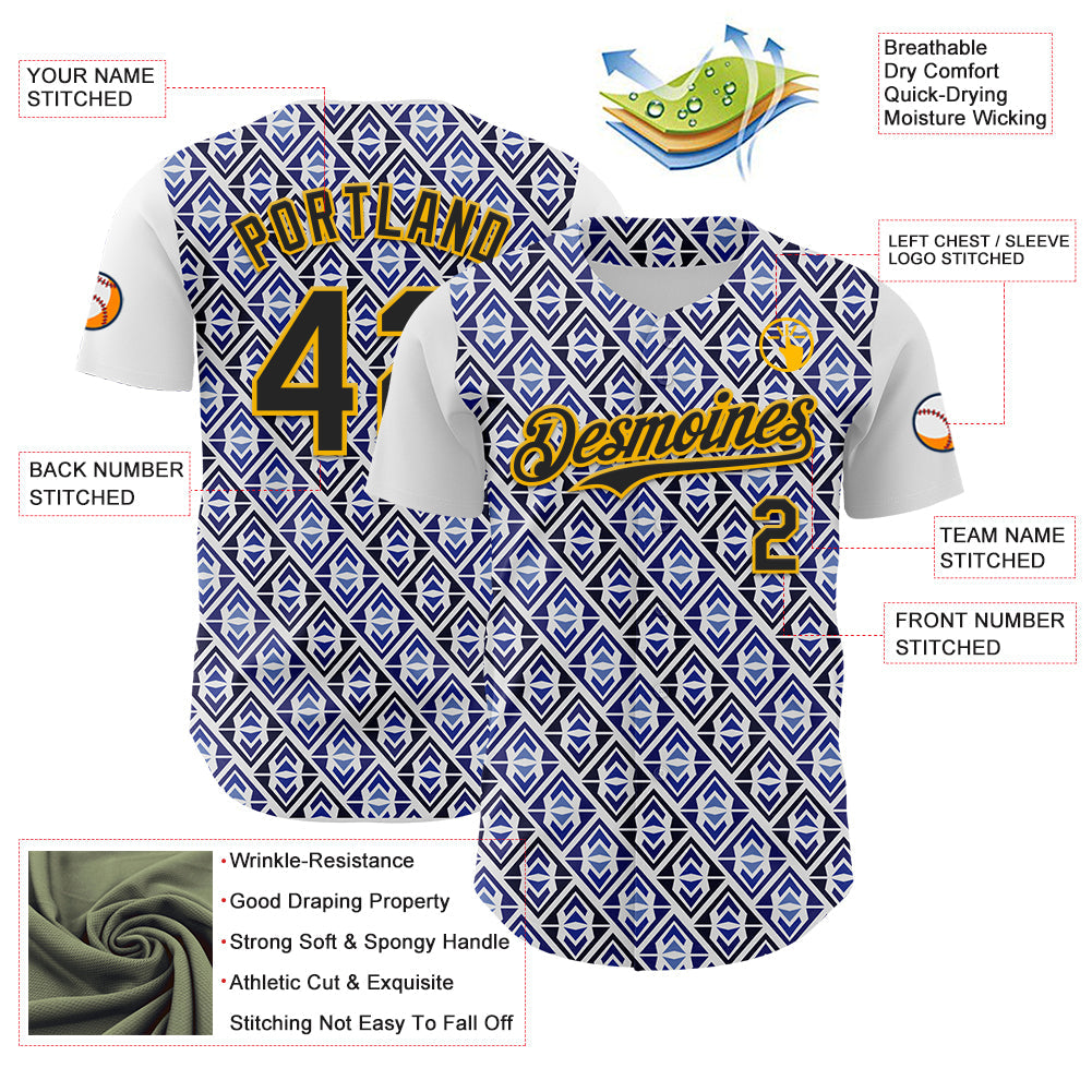 Custom White Black Royal-Gold 3D Pattern Design Rave Party Monogram Geometric Shape Authentic Baseball Jersey - Sky-Custom