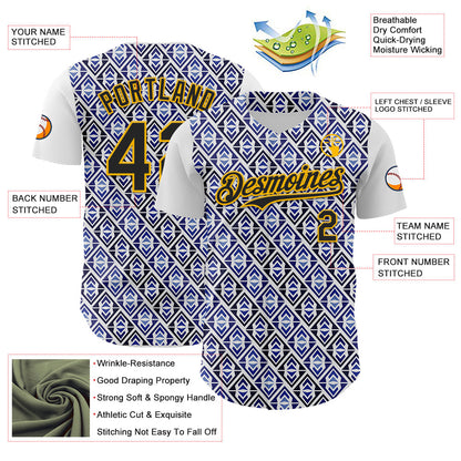 Custom White Black Royal-Gold 3D Pattern Design Rave Party Monogram Geometric Shape Authentic Baseball Jersey - Sky-Custom