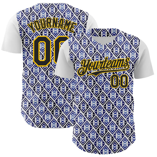 Custom White Black Royal-Gold 3D Pattern Design Rave Party Monogram Geometric Shape Authentic Baseball Jersey - Sky-Custom