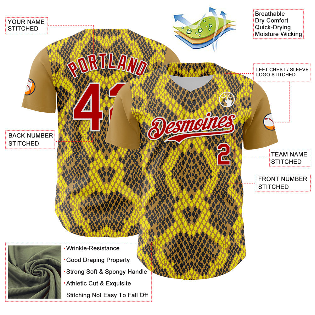 Custom Yellow Red Black-White 3D Pattern Design Rave Party Animal Snake Python Print Authentic Baseball Jersey - Sky-Custom