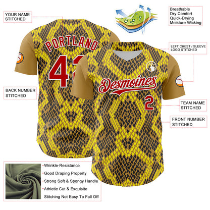 Custom Yellow Red Black-White 3D Pattern Design Rave Party Animal Snake Python Print Authentic Baseball Jersey - Sky-Custom