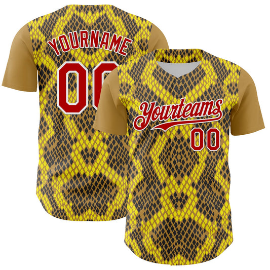 Custom Yellow Red Black-White 3D Pattern Design Rave Party Animal Snake Python Print Authentic Baseball Jersey - Sky-Custom