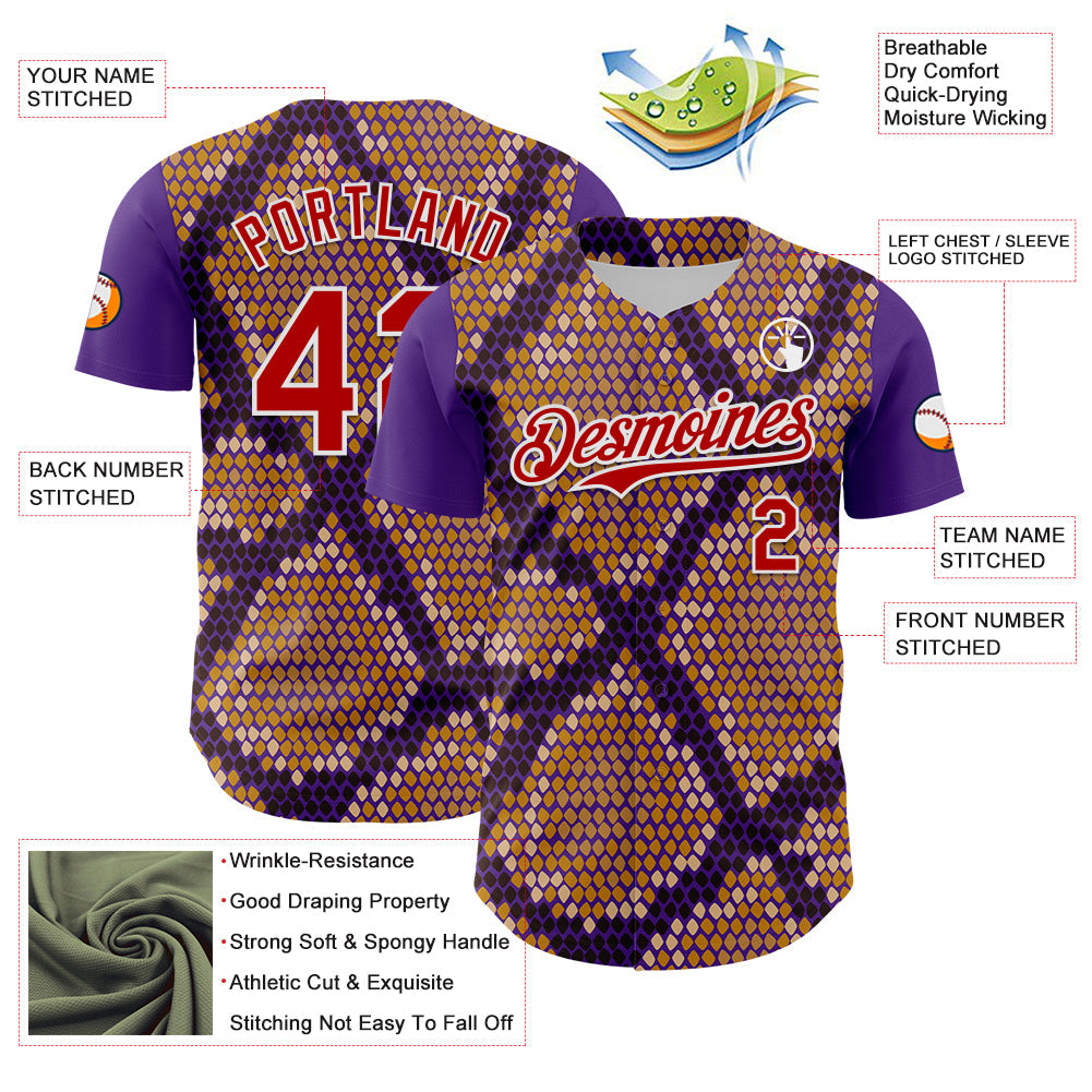 Custom Purple Red-White 3D Pattern Design Rave Party Animal Snake Python Print Authentic Baseball Jersey - Sky-Custom