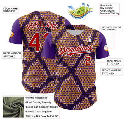 Custom Purple Red-White 3D Pattern Design Rave Party Animal Snake Python Print Authentic Baseball Jersey - Sky-Custom