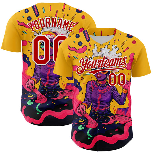 Custom Gold Red-White 3D Pattern Design Rave Party Trippy Disco Authentic Baseball Jersey - Sky-Custom