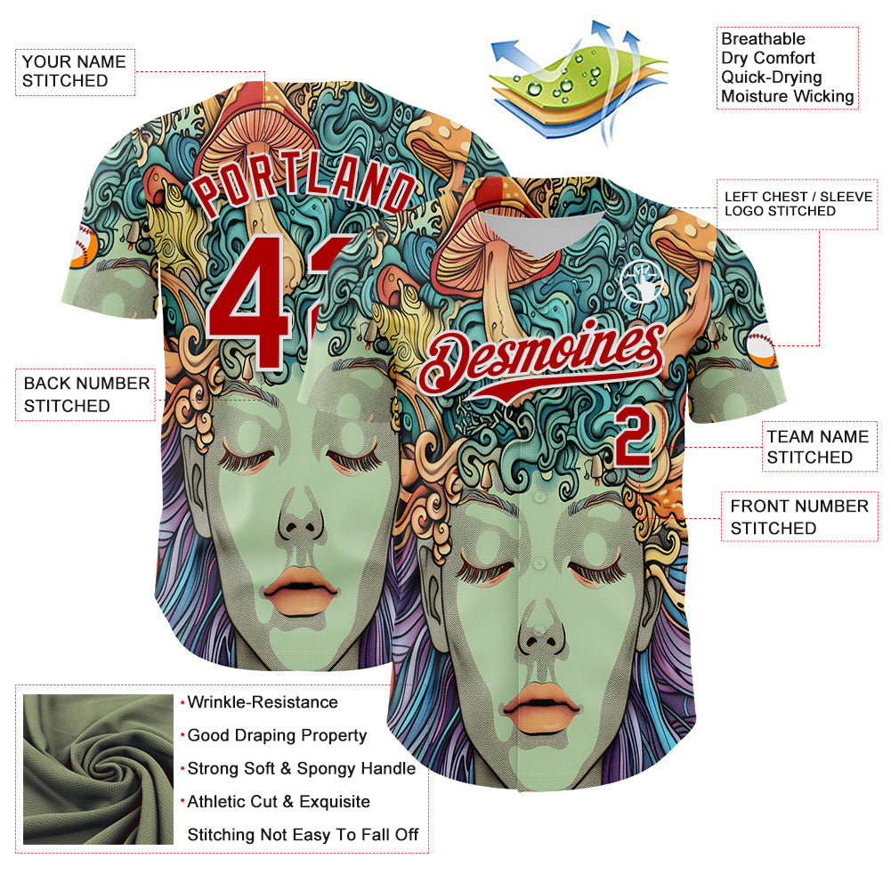 Custom Green Red-White 3D Pattern Design Rave Party Trippy Magic Mushroom Authentic Baseball Jersey - Sky-Custom