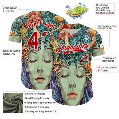 Custom Green Red-White 3D Pattern Design Rave Party Trippy Magic Mushroom Authentic Baseball Jersey - Sky-Custom