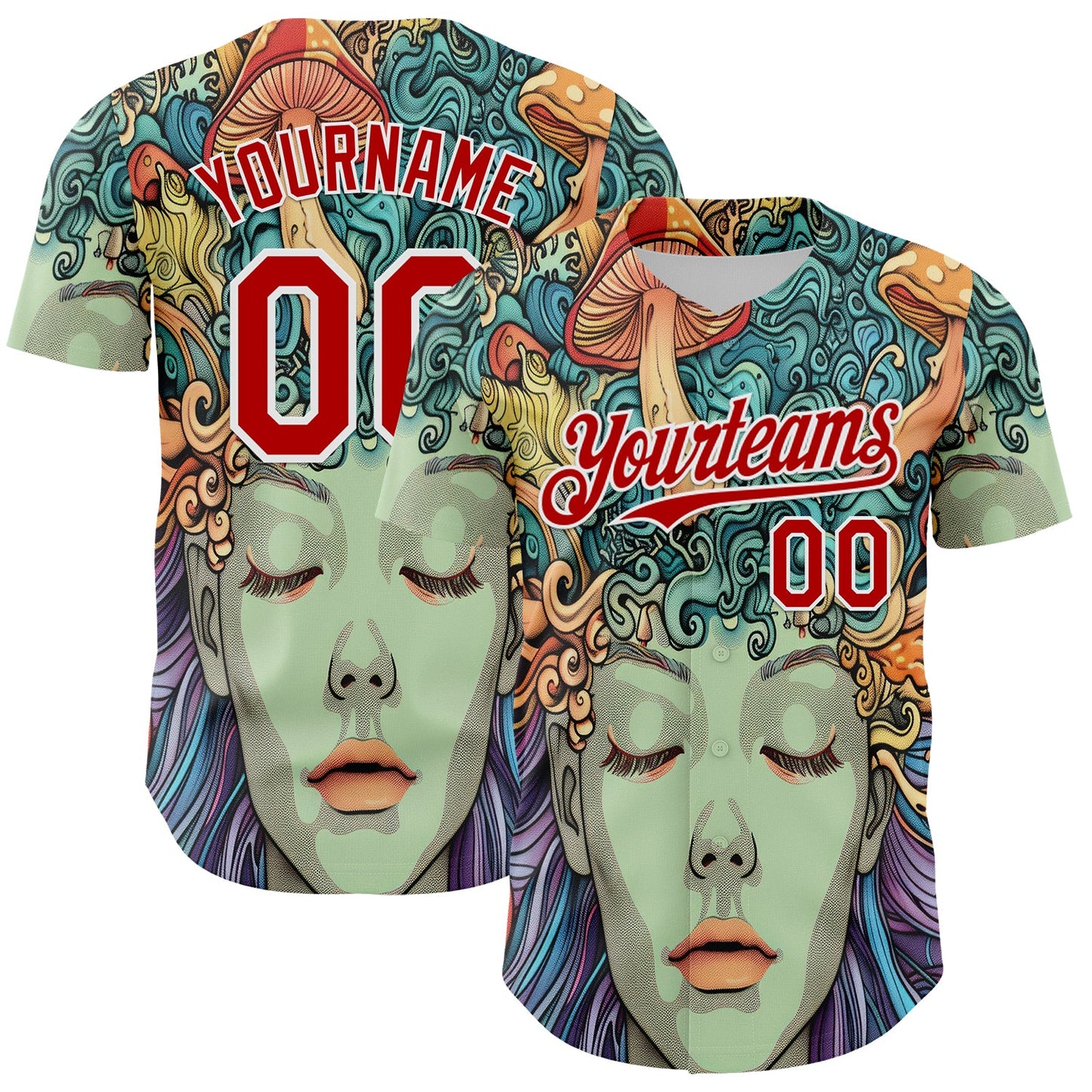 Custom Green Red-White 3D Pattern Design Rave Party Trippy Magic Mushroom Authentic Baseball Jersey - Sky-Custom