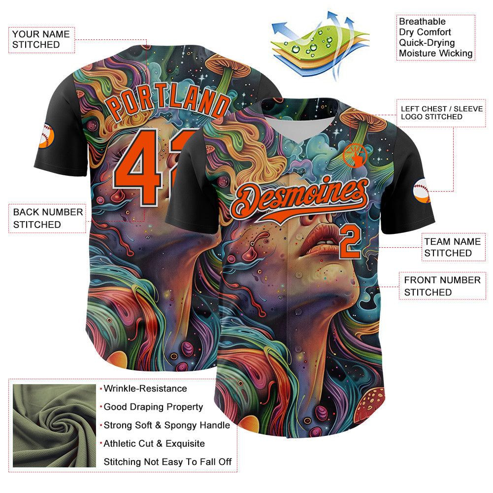 Custom Green Orange Black-White 3D Pattern Design Rave Party Trippy Magic Mushroom Authentic Baseball Jersey - Sky-Custom
