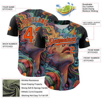 Custom Green Orange Black-White 3D Pattern Design Rave Party Trippy Magic Mushroom Authentic Baseball Jersey - Sky-Custom