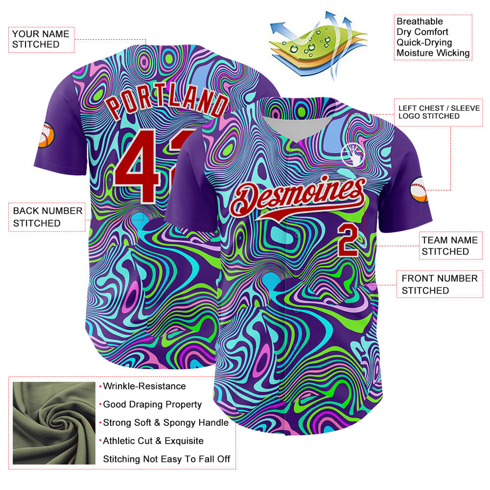 Custom Purple Red-White 3D Pattern Design Rave Party Trippy Laser Fluid Authentic Baseball Jersey - Sky-Custom