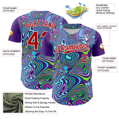 Custom Purple Red-White 3D Pattern Design Rave Party Trippy Laser Fluid Authentic Baseball Jersey - Sky-Custom
