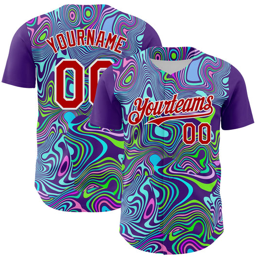 Custom Purple Red-White 3D Pattern Design Rave Party Trippy Laser Fluid Authentic Baseball Jersey - Sky-Custom