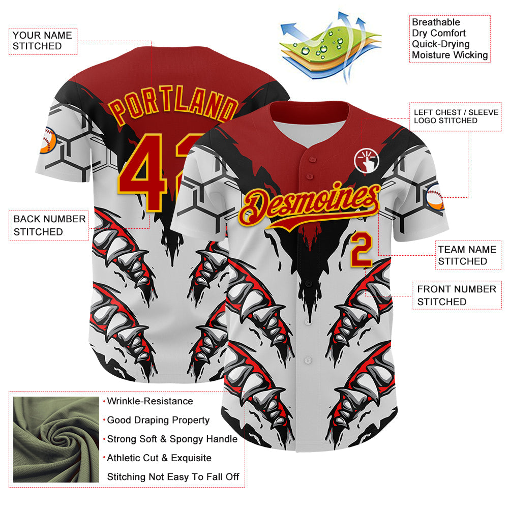 Custom White Red-Yellow 3D Pattern Design Burner Costumes Shark Teeth Authentic Baseball Jersey - Sky-Custom