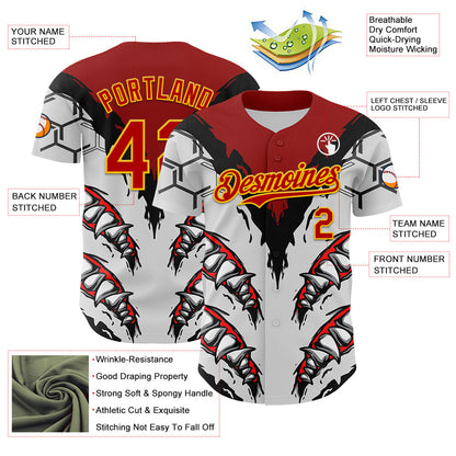 Custom White Red-Yellow 3D Pattern Design Burner Costumes Shark Teeth Authentic Baseball Jersey - Sky-Custom