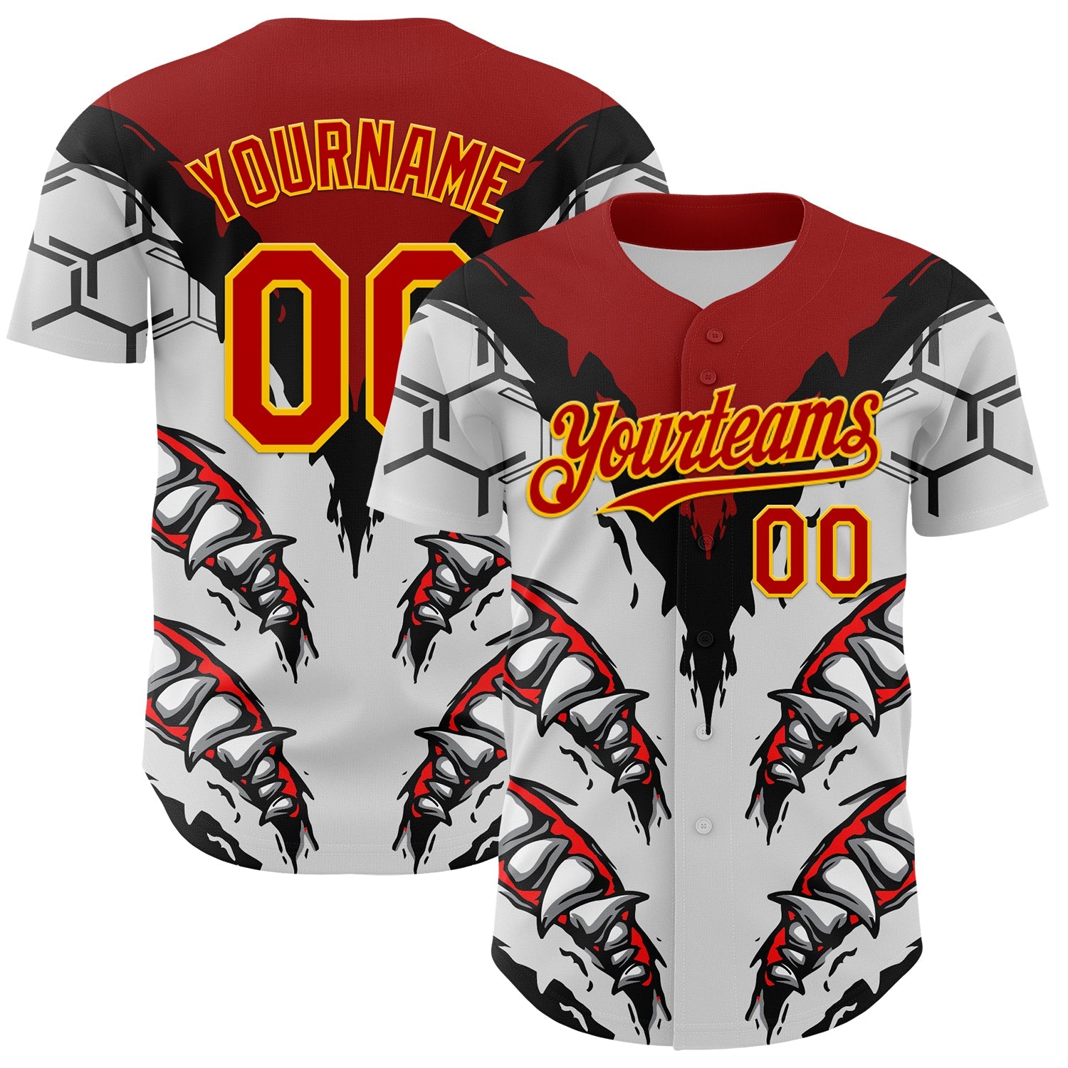 Custom White Red-Yellow 3D Pattern Design Burner Costumes Shark Teeth Authentic Baseball Jersey - Sky-Custom