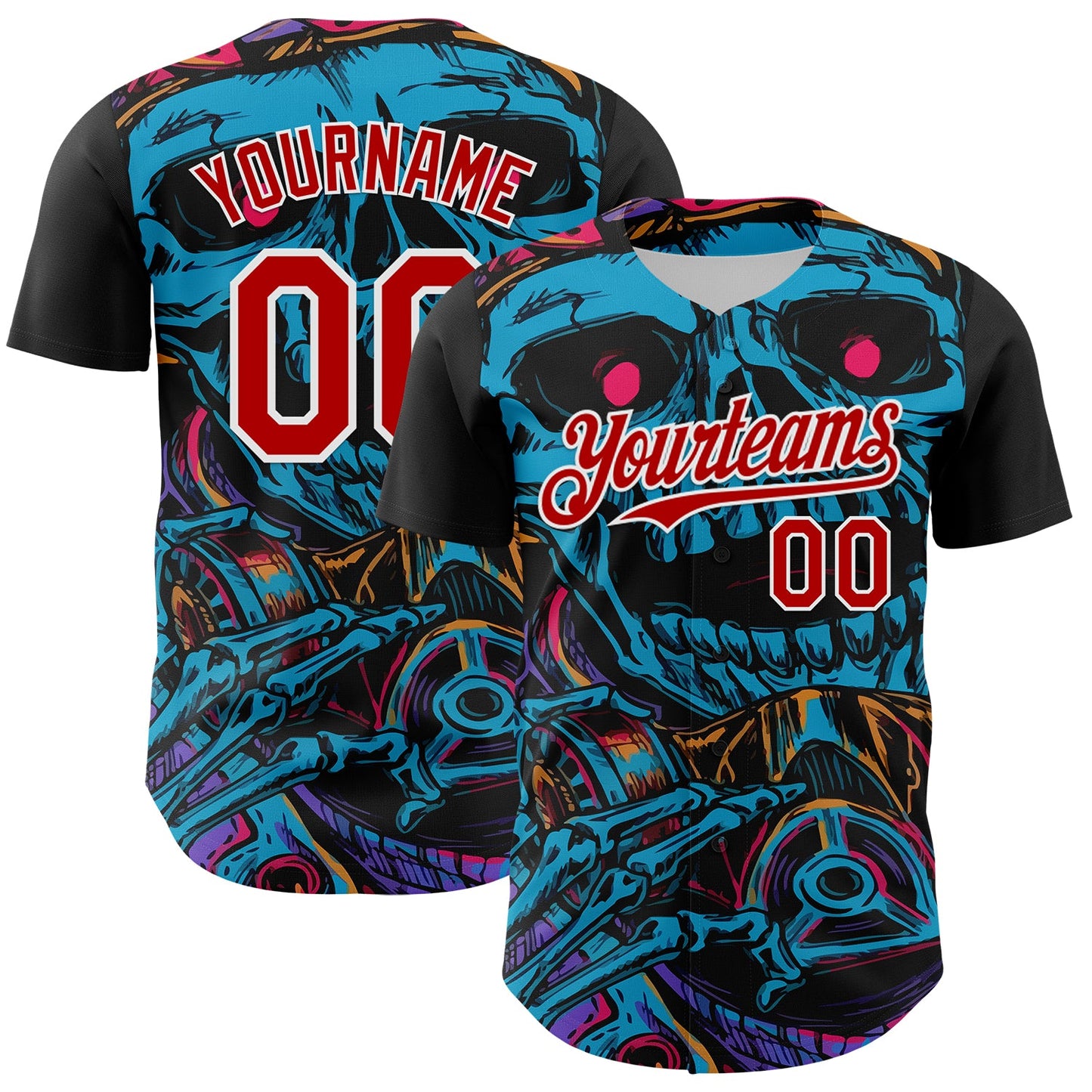 Custom Black Red-White 3D Pattern Design Burner Costumes Horror Skull Authentic Baseball Jersey - Sky-Custom