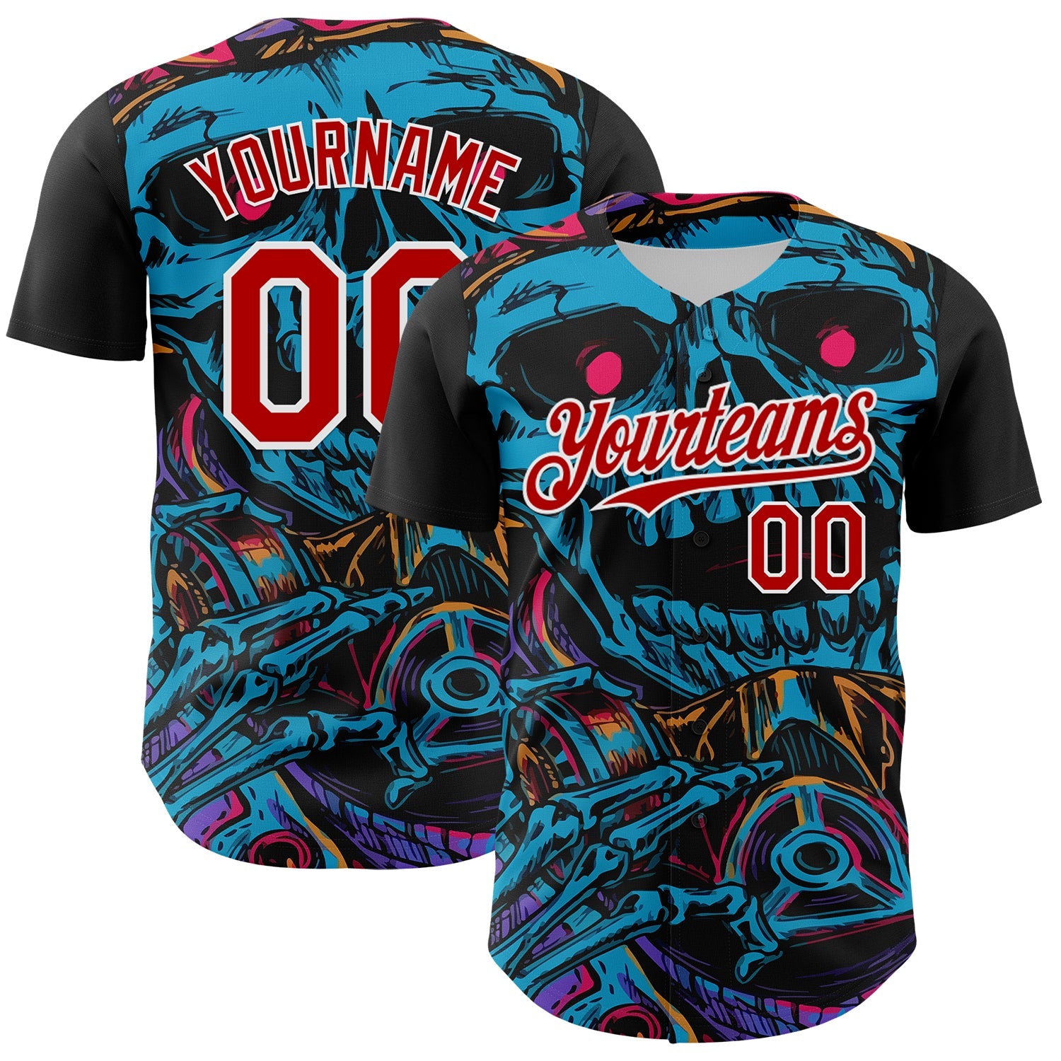 Custom Black Red-White 3D Pattern Design Burner Costumes Horror Skull Authentic Baseball Jersey - Sky-Custom