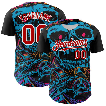 Custom Black Red-White 3D Pattern Design Burner Costumes Horror Skull Authentic Baseball Jersey - Sky-Custom