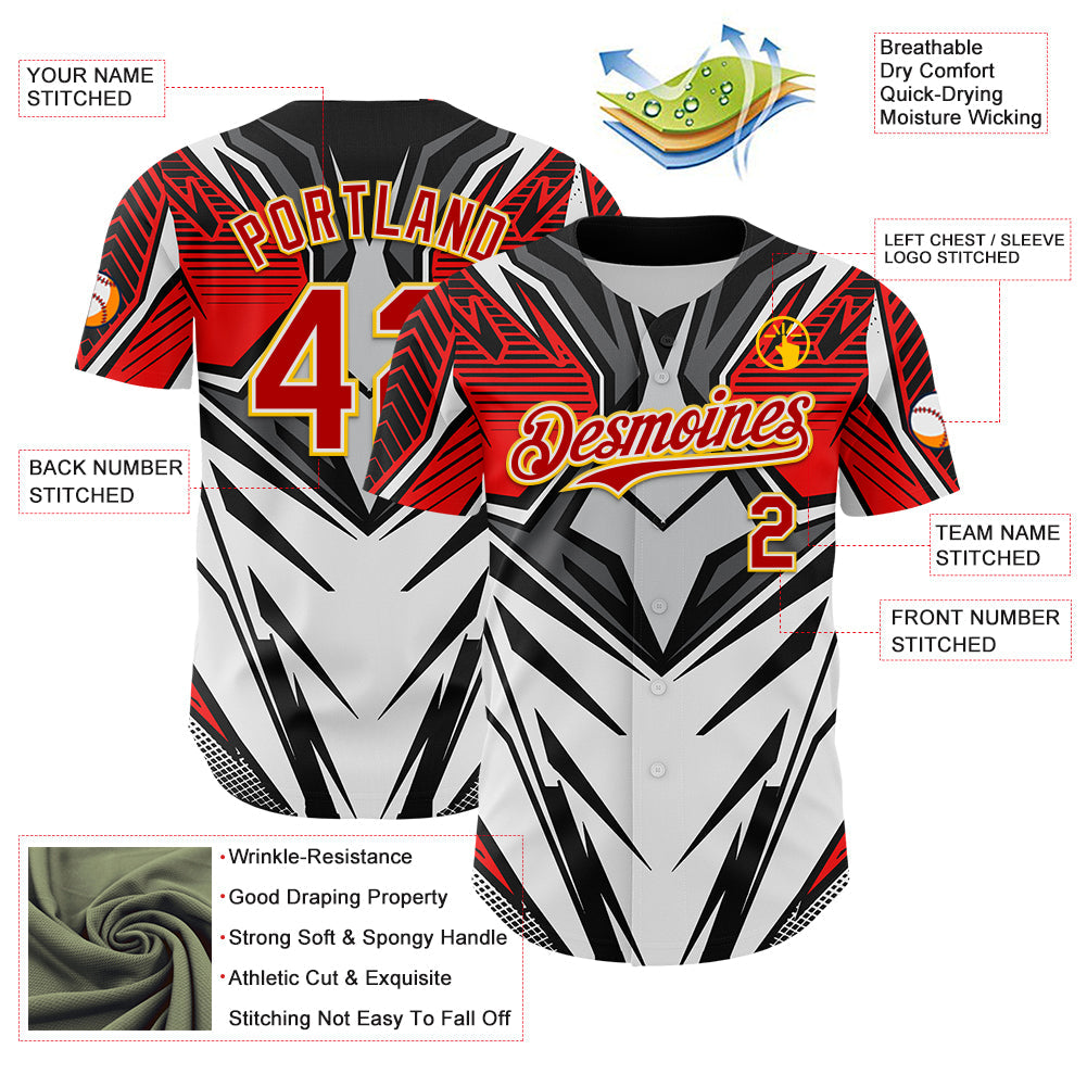 Custom White Red Black-Yellow 3D Pattern Design Burner Costumes Cyber Punk Authentic Baseball Jersey - Sky-Custom