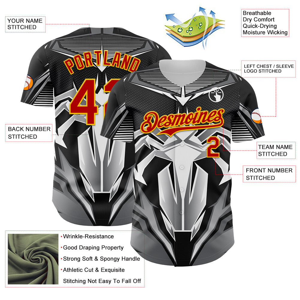 Custom Black Red-Yellow 3D Pattern Design Burner Costumes Mecha Authentic Baseball Jersey - Sky-Custom