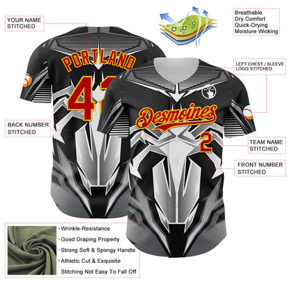 Custom Black Red-Yellow 3D Pattern Design Burner Costumes Mecha Authentic Baseball Jersey - Sky-Custom