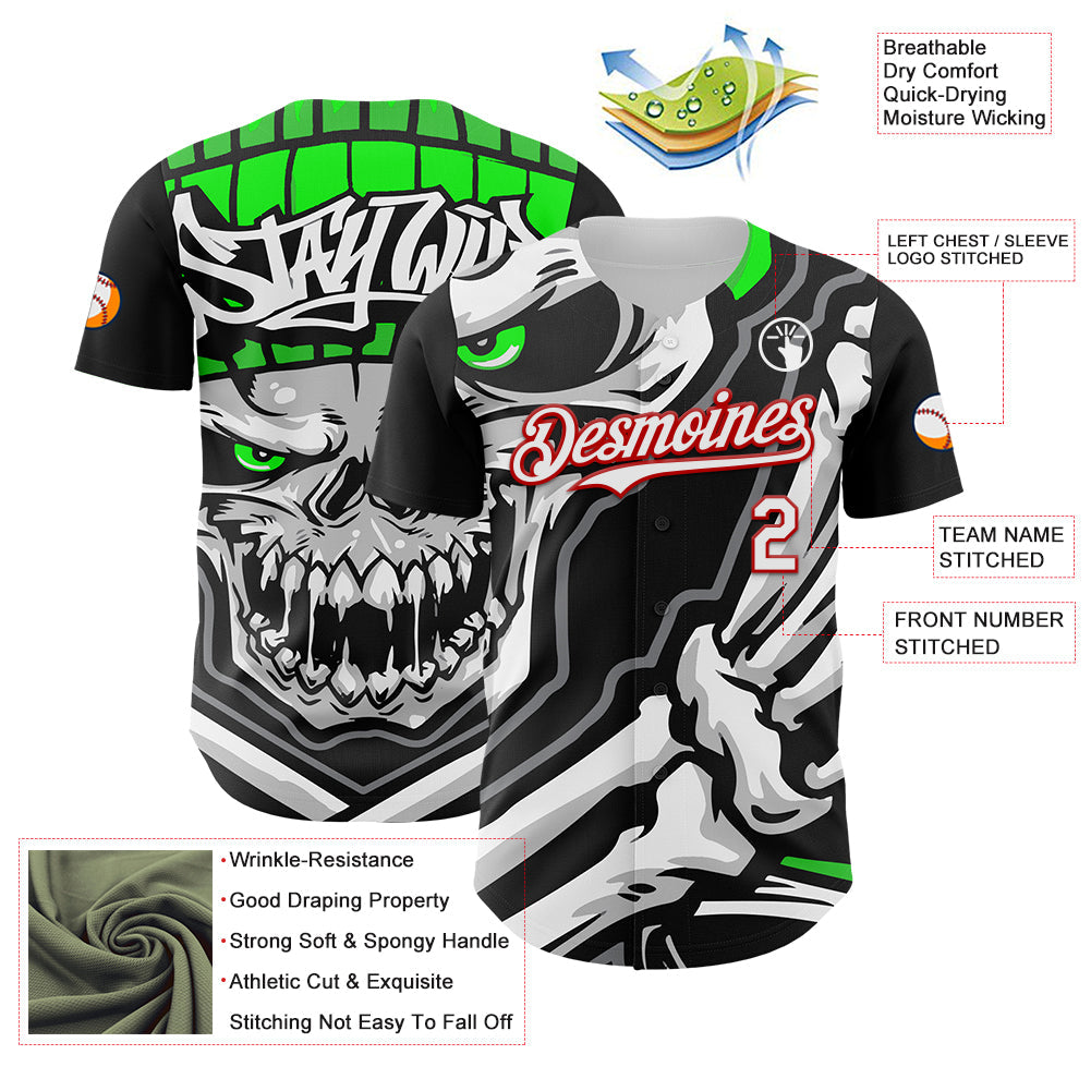 Custom Black White-Red 3D Pattern Design Burner Costumes Skull Authentic Baseball Jersey - Sky-Custom