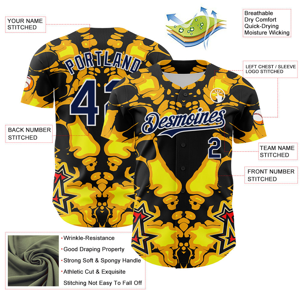 Custom Black Navy Yellow-White 3D Pattern Design Burner Costumes Flame Authentic Baseball Jersey - Sky-Custom