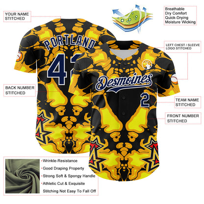Custom Black Navy Yellow-White 3D Pattern Design Burner Costumes Flame Authentic Baseball Jersey - Sky-Custom
