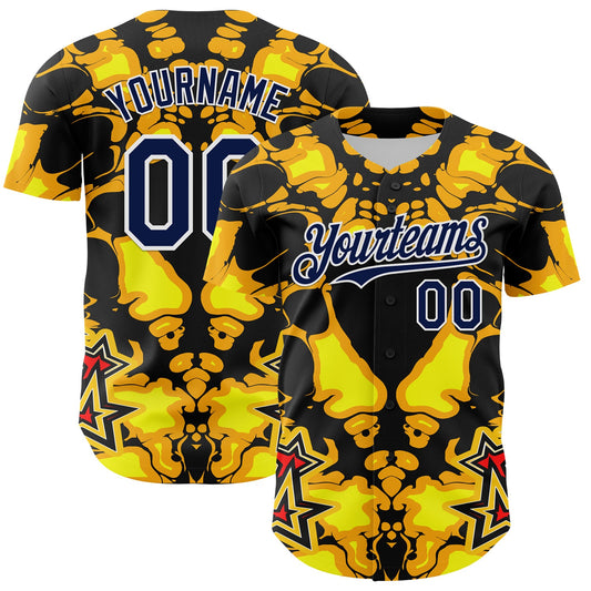 Custom Black Navy Yellow-White 3D Pattern Design Burner Costumes Flame Authentic Baseball Jersey - Sky-Custom