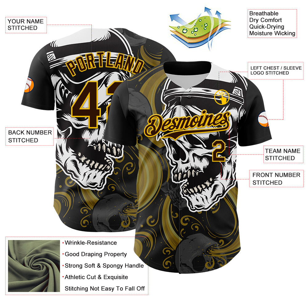 Custom Black Brown Yellow-White 3D Pattern Design Burner Costumes Skull Authentic Baseball Jersey - Sky-Custom