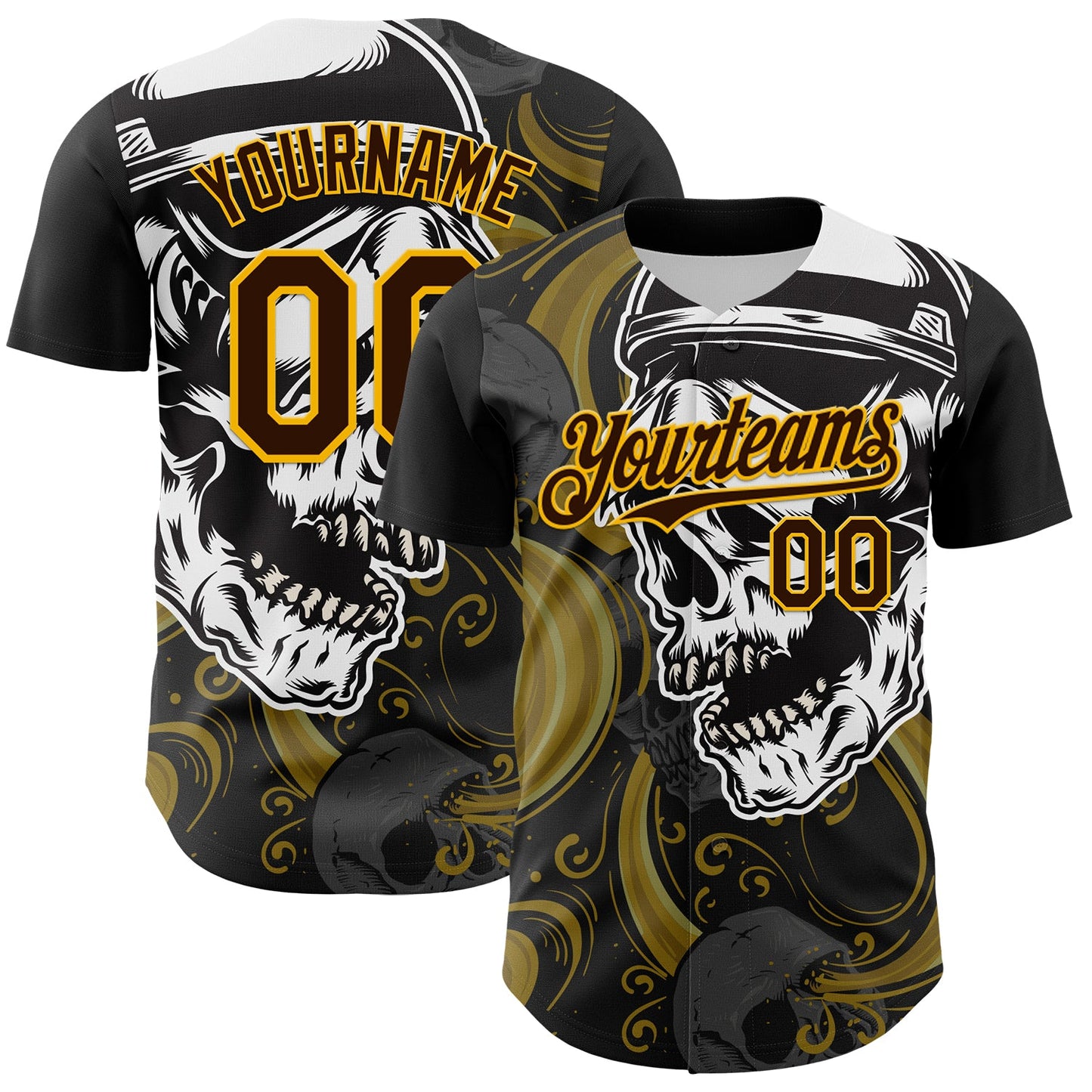 Custom Black Brown Yellow-White 3D Pattern Design Burner Costumes Skull Authentic Baseball Jersey - Sky-Custom