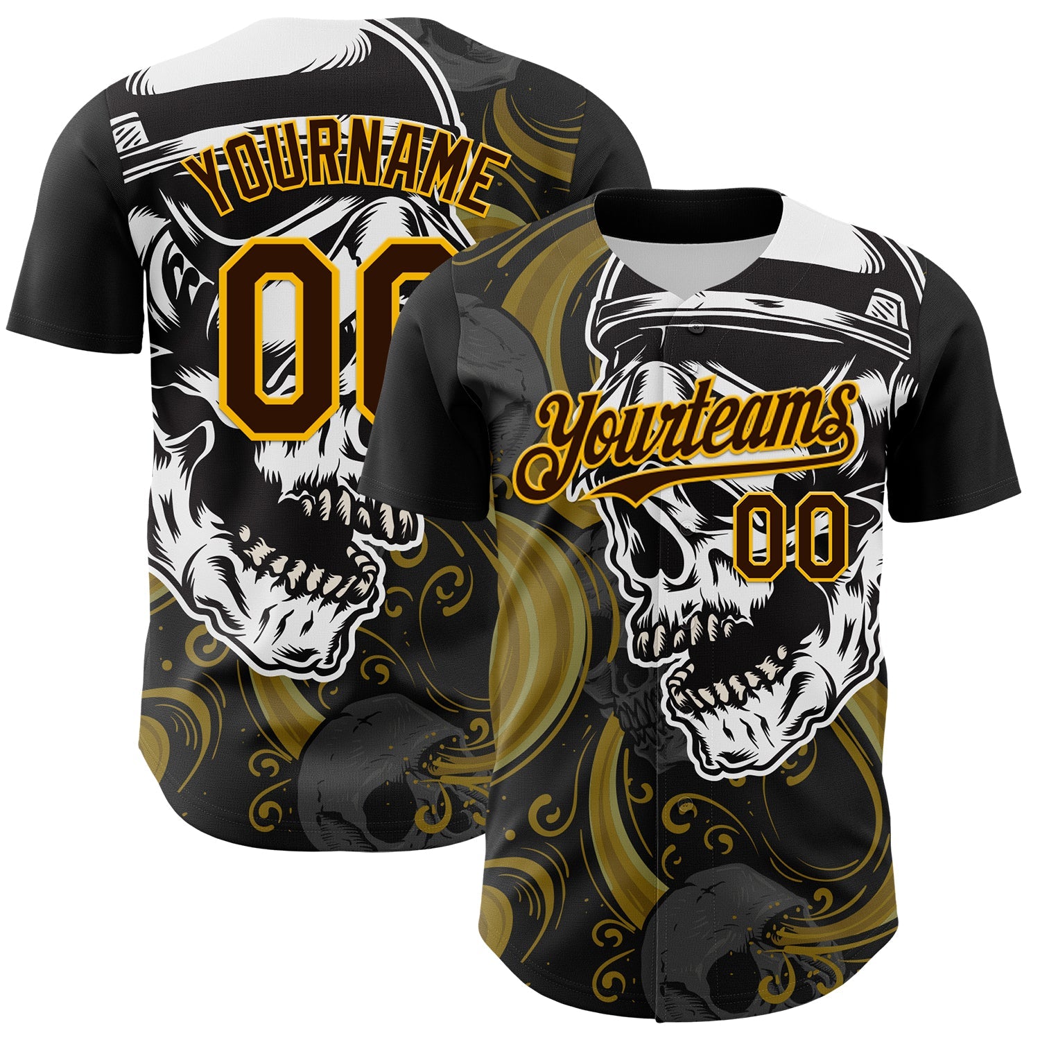 Custom Black Brown Yellow-White 3D Pattern Design Burner Costumes Skull Authentic Baseball Jersey - Sky-Custom