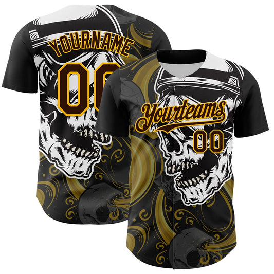 Custom Black Brown Yellow-White 3D Pattern Design Burner Costumes Skull Authentic Baseball Jersey - Sky-Custom