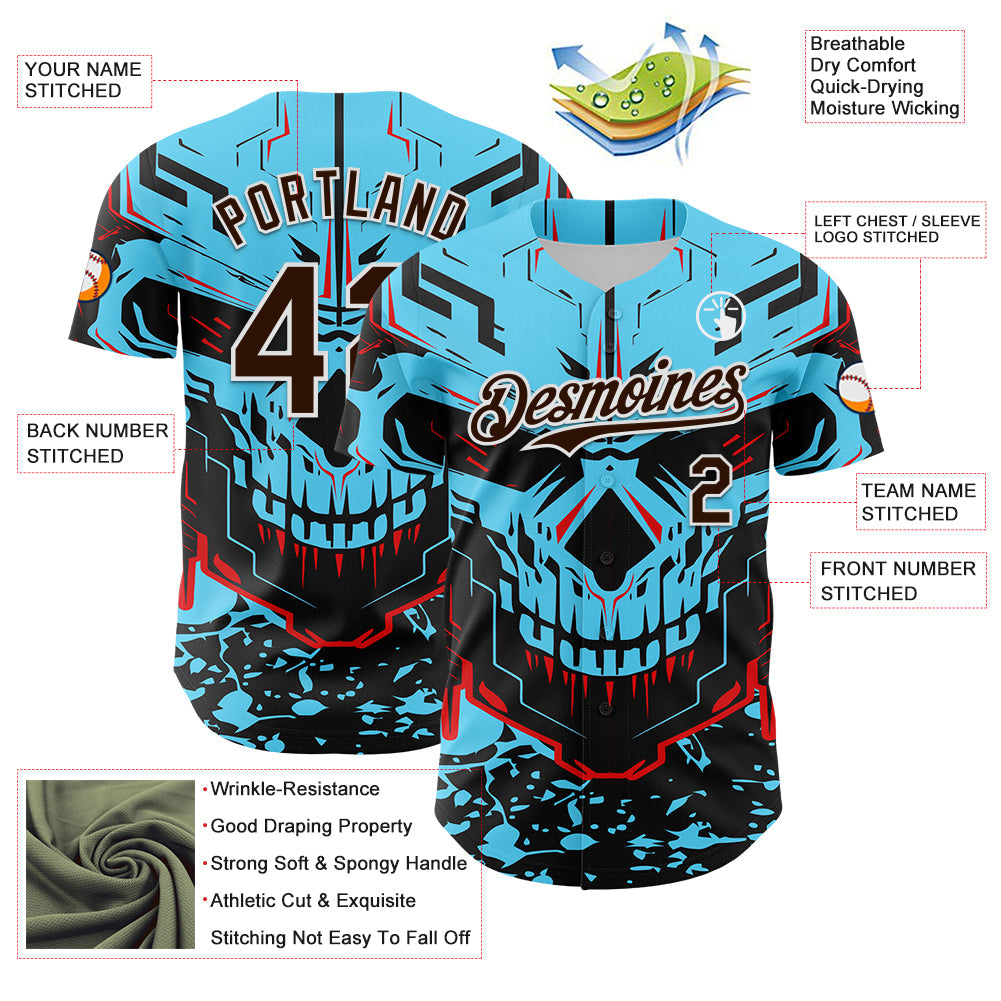 Custom Blue Brown-White 3D Pattern Design Burner Costumes Cyber Skull Authentic Baseball Jersey - Sky-Custom