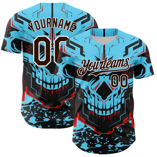 Custom Blue Brown-White 3D Pattern Design Burner Costumes Cyber Skull Authentic Baseball Jersey - Sky-Custom