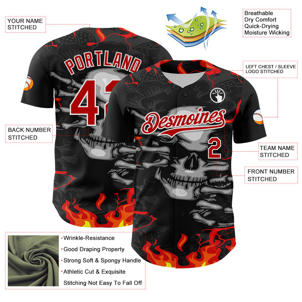 Custom Black Red-White 3D Pattern Design Burner Costumes Hellfire Skull Authentic Baseball Jersey - Sky-Custom