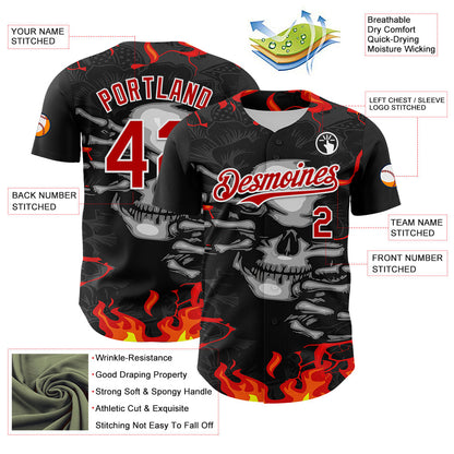 Custom Black Red-White 3D Pattern Design Burner Costumes Hellfire Skull Authentic Baseball Jersey - Sky-Custom
