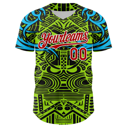 Custom Green Red Blue Black-White 3D Pattern Design Burner Costumes Tribal Authentic Baseball Jersey - Sky-Custom