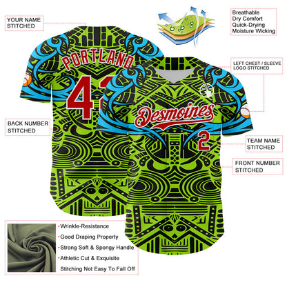 Custom Green Red Blue Black-White 3D Pattern Design Burner Costumes Tribal Authentic Baseball Jersey - Sky-Custom
