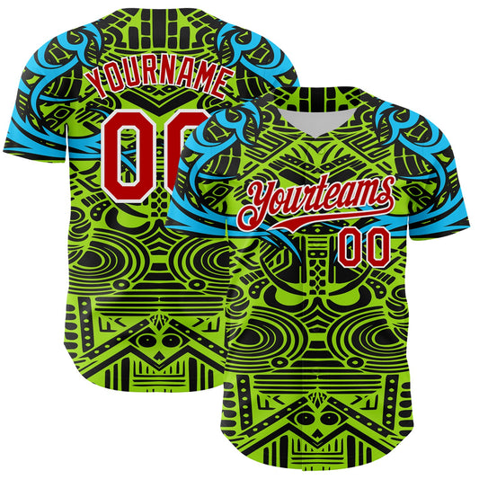 Custom Green Red Blue Black-White 3D Pattern Design Burner Costumes Tribal Authentic Baseball Jersey - Sky-Custom