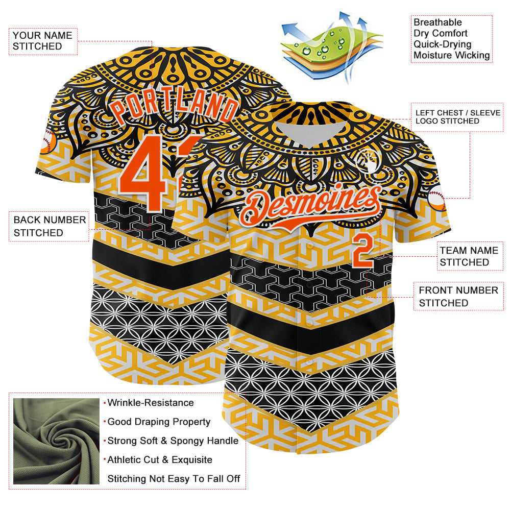 Custom Yellow Orange Black-White 3D Pattern Design Burner Costumes Tribal Authentic Baseball Jersey - Sky-Custom